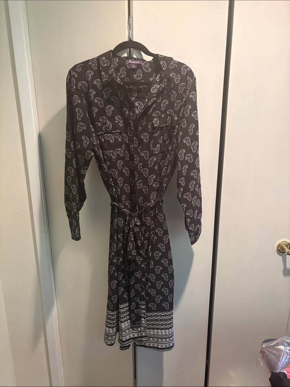 Roaman's Black Paisley Tie-Waist Long Sleeve Shirt Dress